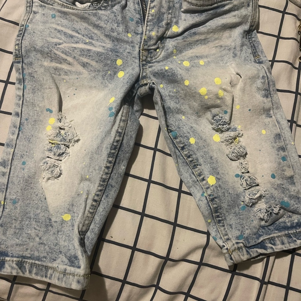 Distressed Denim Shorts with Paint Splatter
